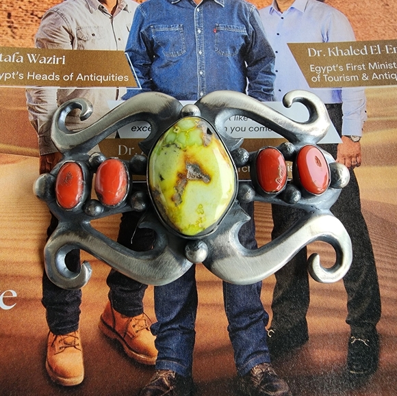 Chimney Butte Sterling Silver and Palomino & Coral Stone Belt Buckle - Picture 12 of 14